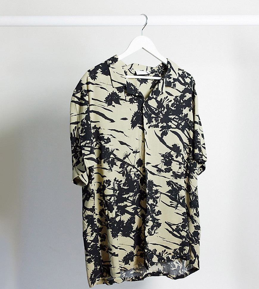 ASOS DESIGN Plus revere collar regular fit shirt in ecru abstract floral print-Cream