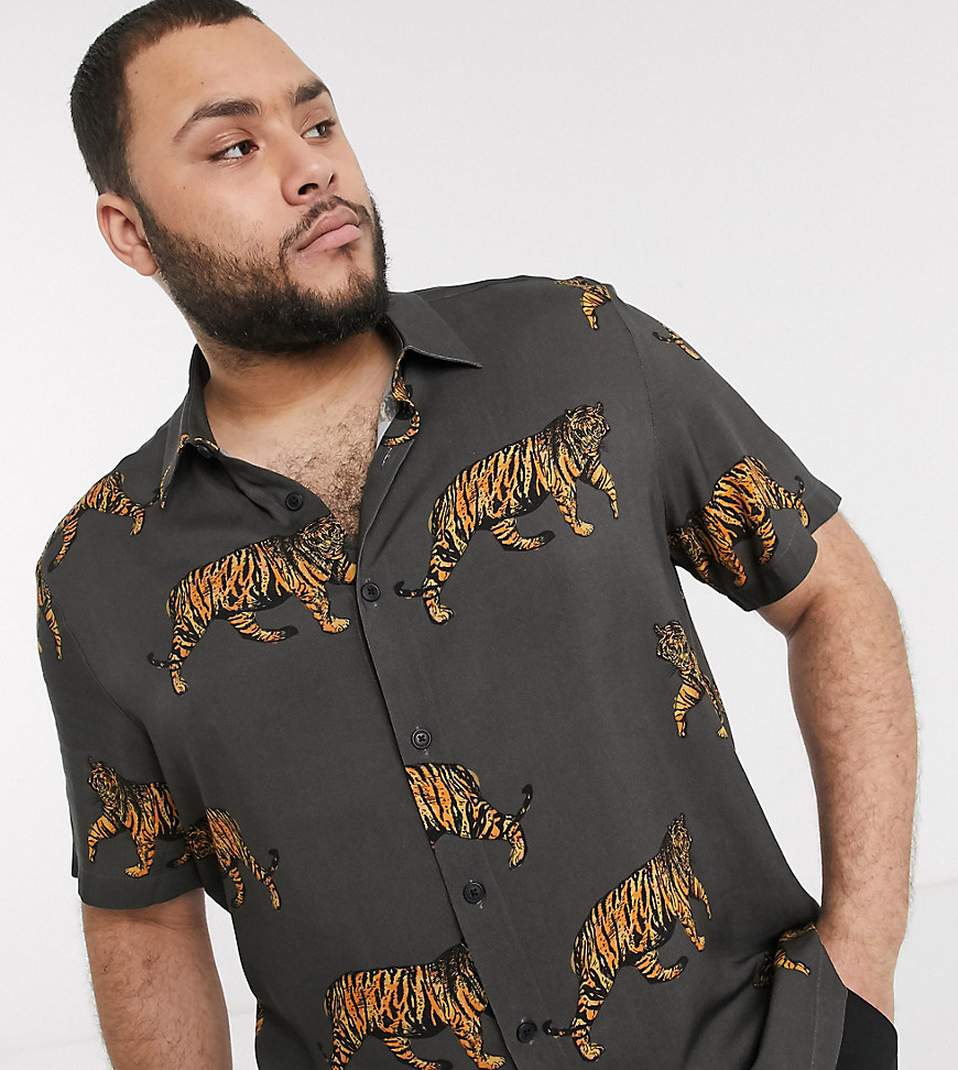 ASOS DESIGN Plus revere collar regular fit shirt in tiger sketch print-Grey