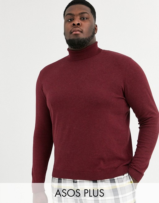 ASOS DESIGN Plus roll neck cotton jumper in burgundy