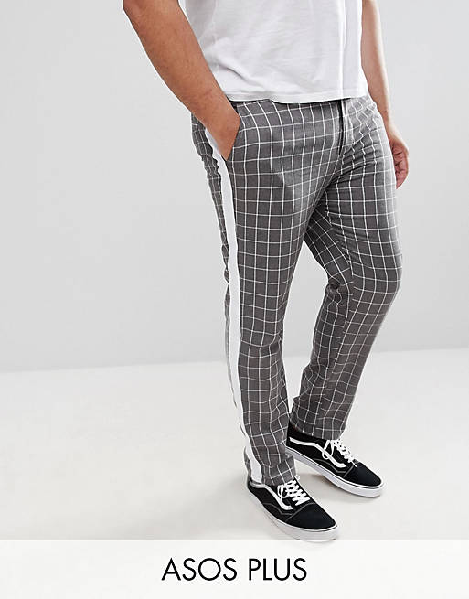 ASOS DESIGN Plus – Schmal geschnittene, grau karierte Hose mit seitlichem Streifen