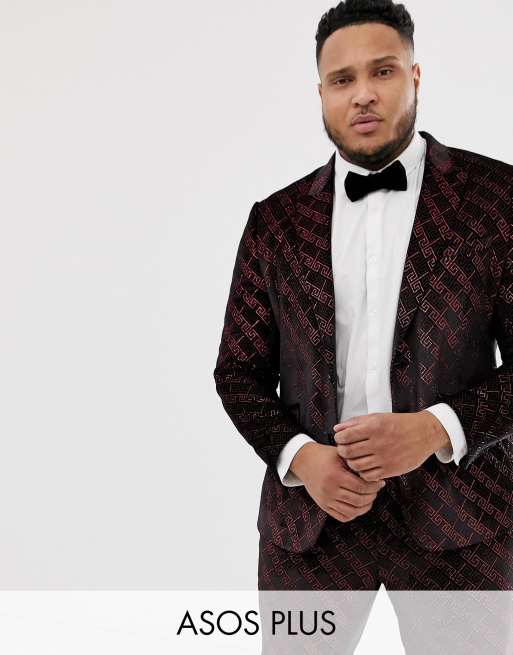 ASOS DESIGN Plus – Sehr enge Anzugjacke aus Samt mit rotem Glitzer-Design