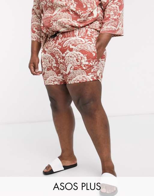ASOS DESIGN PLUS – Sehr kurz geschnittene Badeshorts mit Retro-Wellenprint, Kombiteil