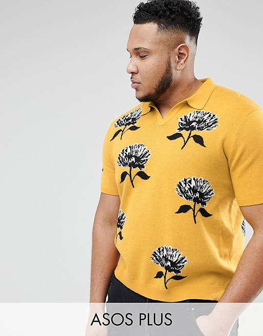 ASOS DESIGN Plus – Senfgelbes Strickpolohemd mit Reverskragen und Jacquard-Blumenmuster