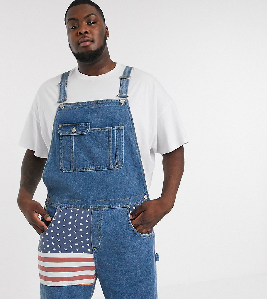 ASOS DESIGN Plus short denim overalls in mid wash with American flag-Blue