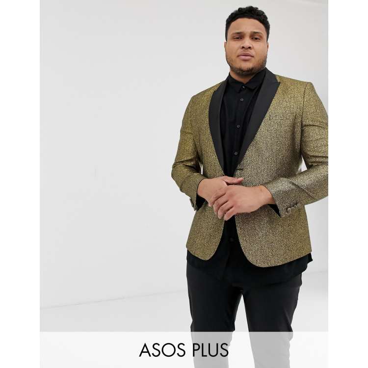 ASOS DESIGN Plus skinny blazer in gold glitter with black satin