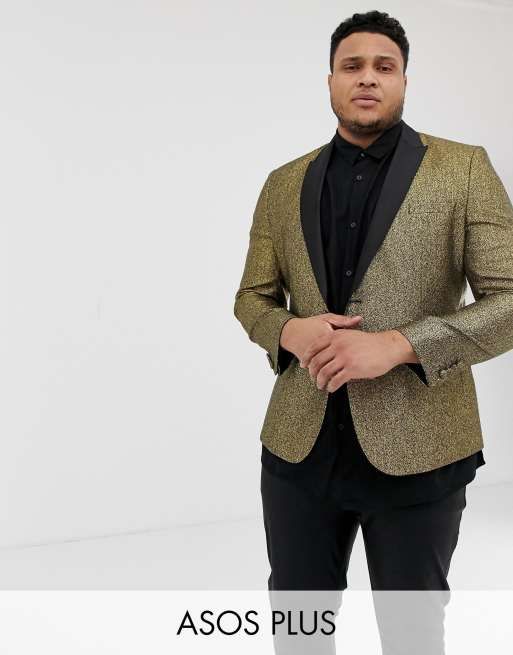 ASOS DESIGN Plus skinny blazer in gold glitter with black satin