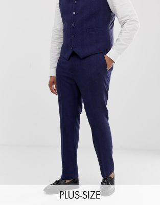 ASOS DESIGN Plus - Enge Hochzeitsanzughose aus blauer Wollmischung mit Fischgrätenmuster - Blau