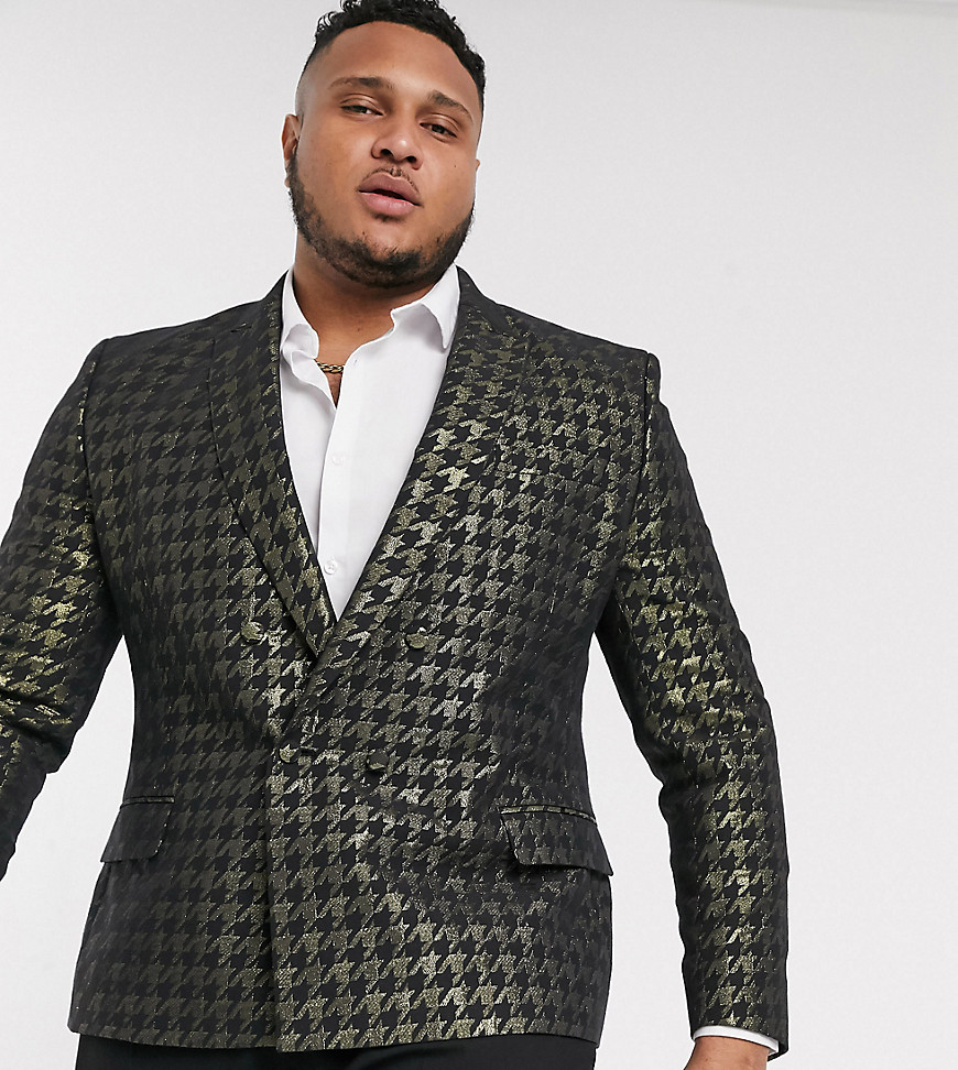 ASOS DESIGN Plus skinny double breasted blazer with houndstooth in gold-Multi