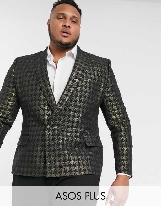 ASOS DESIGN Plus skinny double breasted blazer with houndstooth in gold