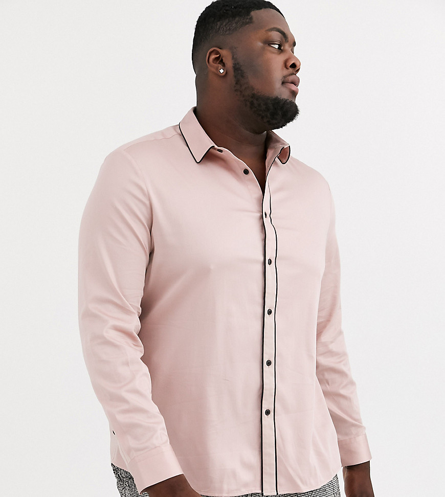 ASOS DESIGN Plus skinny fit sateen shirt with piping in dusty pink