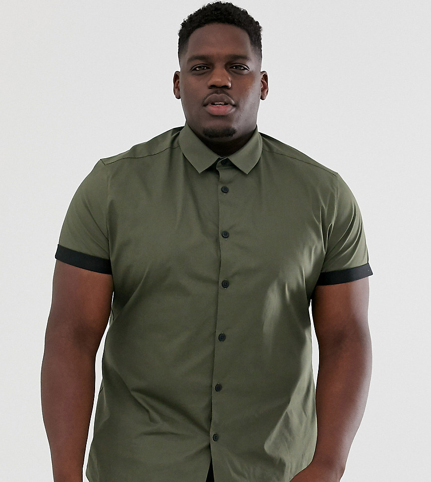 ASOS DESIGN Plus - Skinny-fit stretchoverhemd in kaki met contrasterende omslagen-Groen