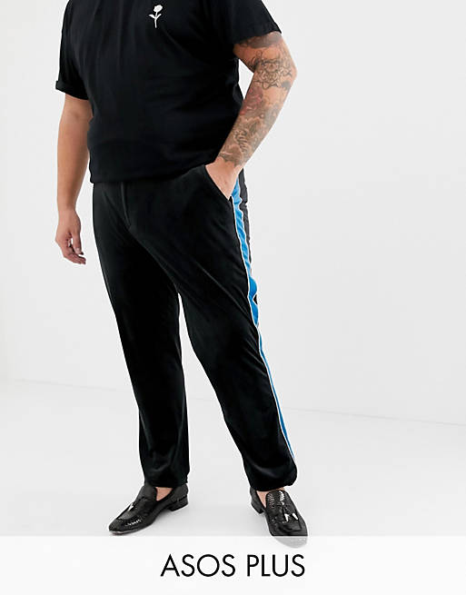 ASOS DESIGN Plus skinny smart trouser in black velvet with blue side stripe