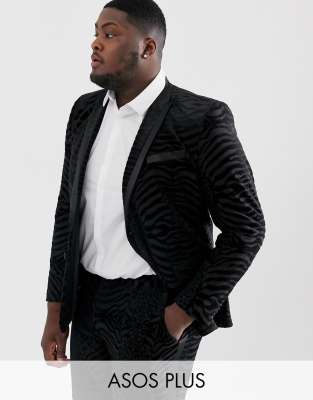 ASOS DESIGN Plus skinny tuxedo suit jacket in black tiger glitter velvet Black
