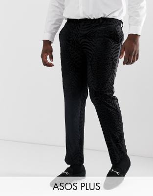 ASOS DESIGN Plus skinny tuxedo suit trousers in black tiger glitter velvet Black