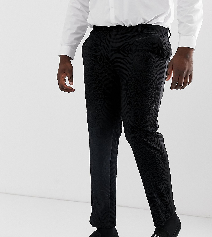 ASOS DESIGN Plus skinny tuxedo suit trousers in black tiger glitter velvet