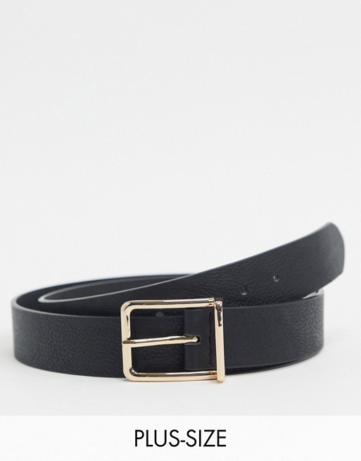 ASOS DESIGN Plus slim belt in black pebble faux leather with gold box buckle