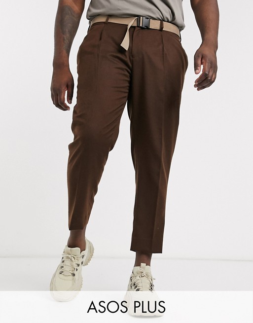 ASOS DESIGN Plus slim crop smart trousers with belt in brown texture