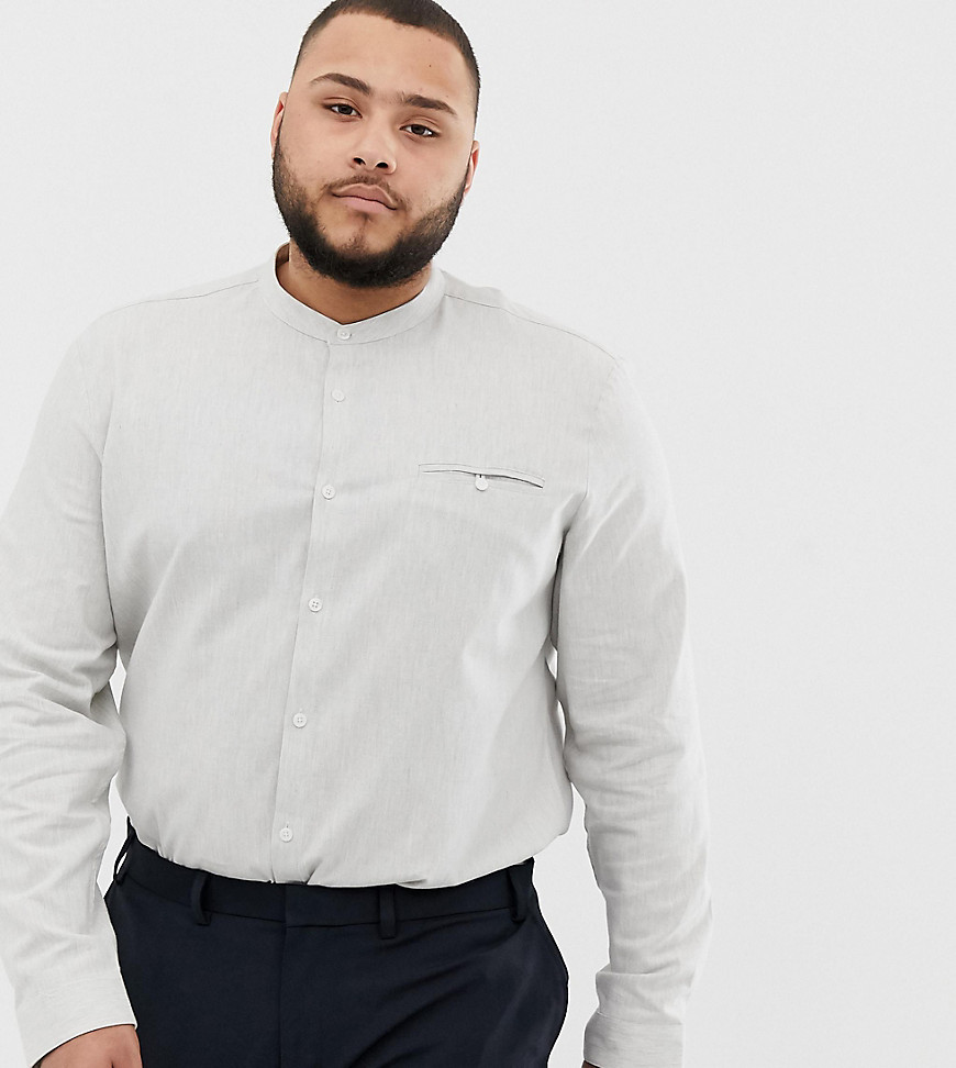 ASOS DESIGN Plus - Slim-fit overhemd zonder kraag in gemêleerd grijs