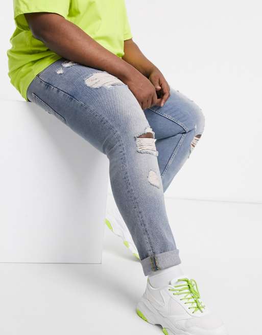 ASOS DESIGN Plus slim jeans in vintage light wash blue with heavy rips, 2 of 4