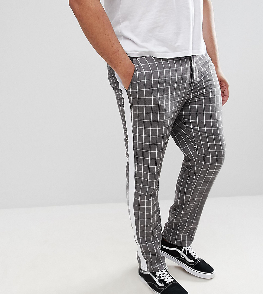 Asos Design Plus Slim Pants In Gray Check With Side Stripe