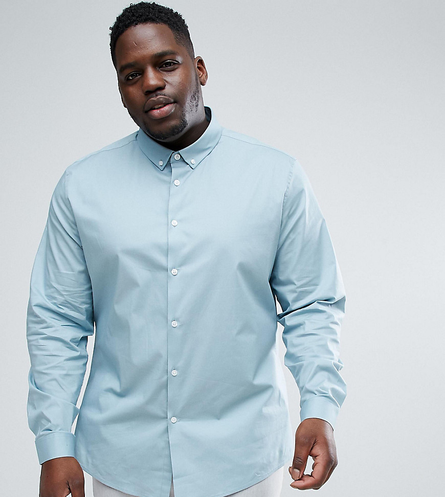 Asos Design Plus Slim Shirt In Slate With Button Down Collar-blue