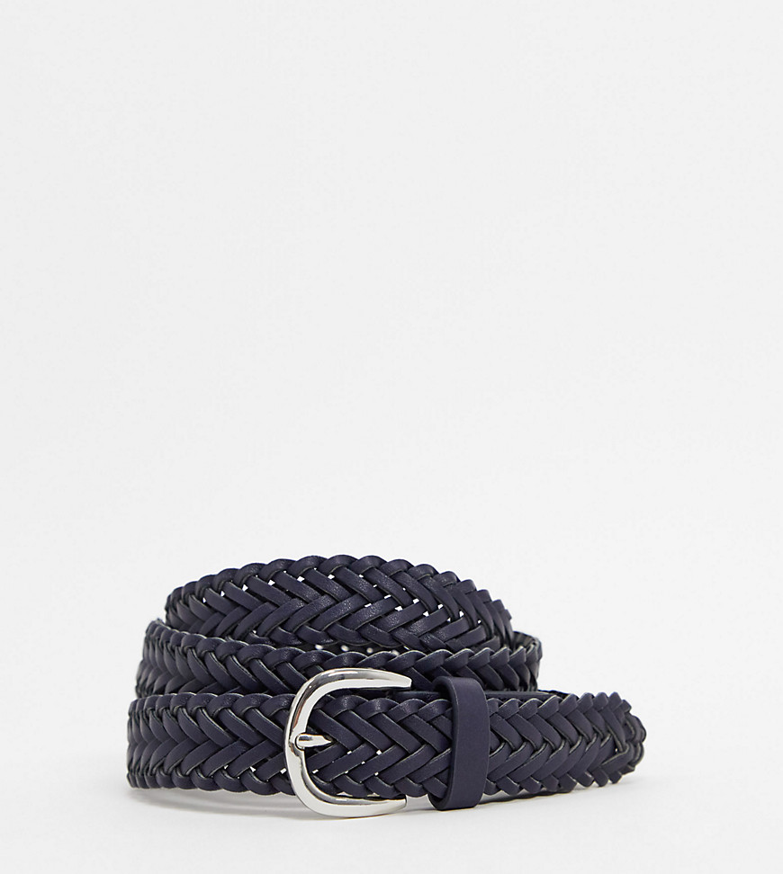 Asos Design Plus Slim Woven Belt In Navy Faux Leather With Silver Buckle
