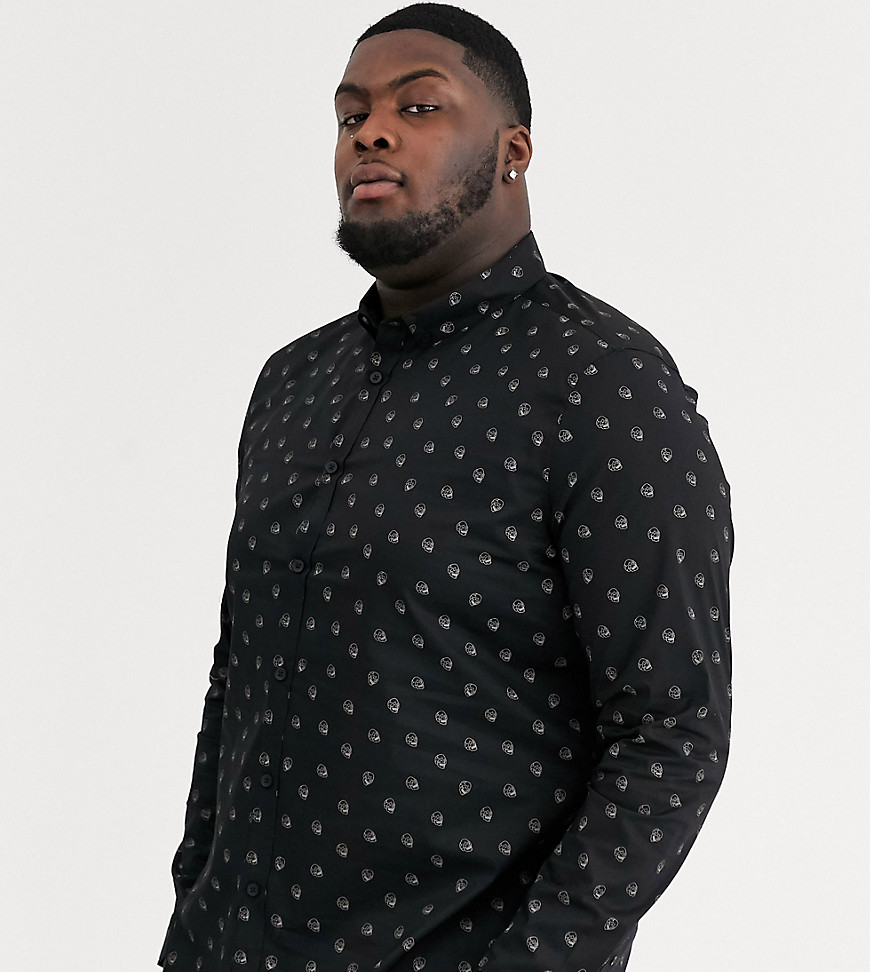 ASOS DESIGN - Plus - Smal overhemd met doodshoofdprint-Zwart