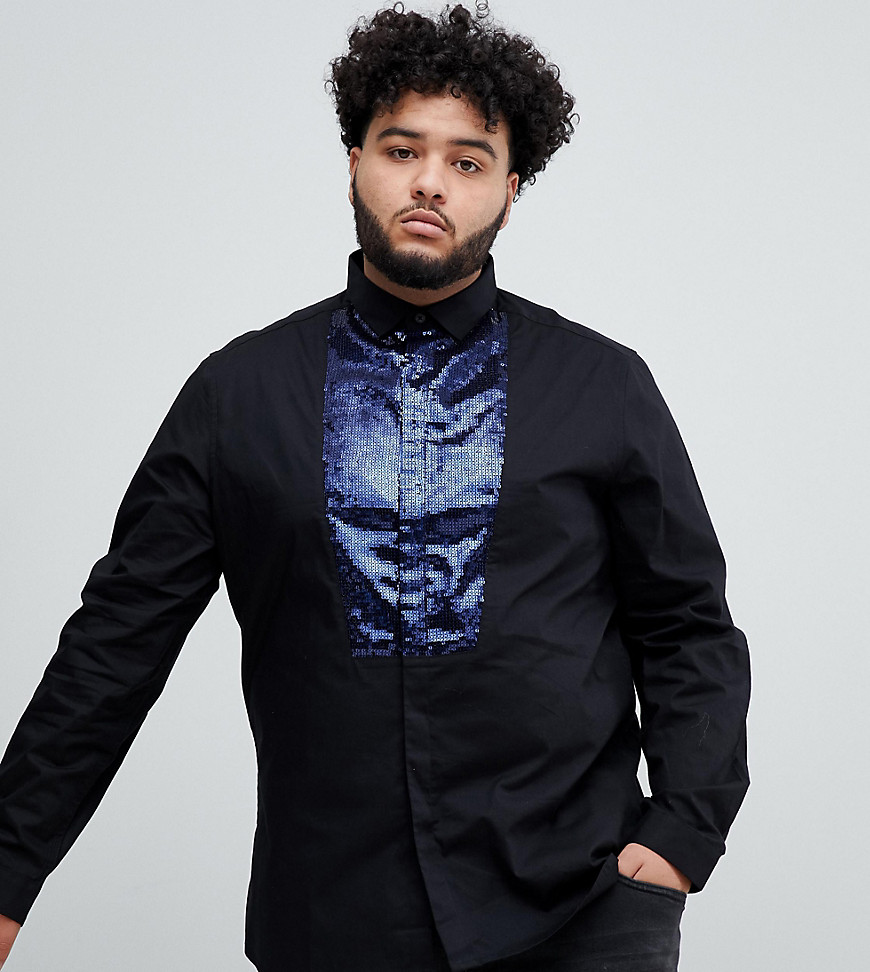 ASOS DESIGN - Plus - Smal satinette overhemd in zwart met marineblauwe lovertjes