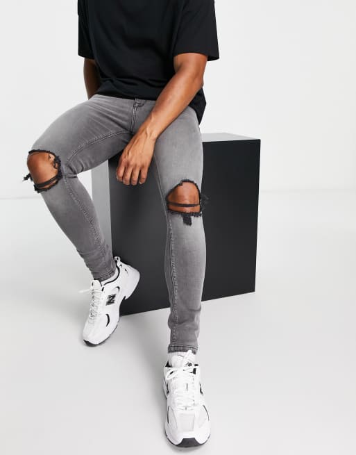 ASOS DESIGN Plus - Spray-on jeans med kraftig stretch i sort vask med flænger på knæ 