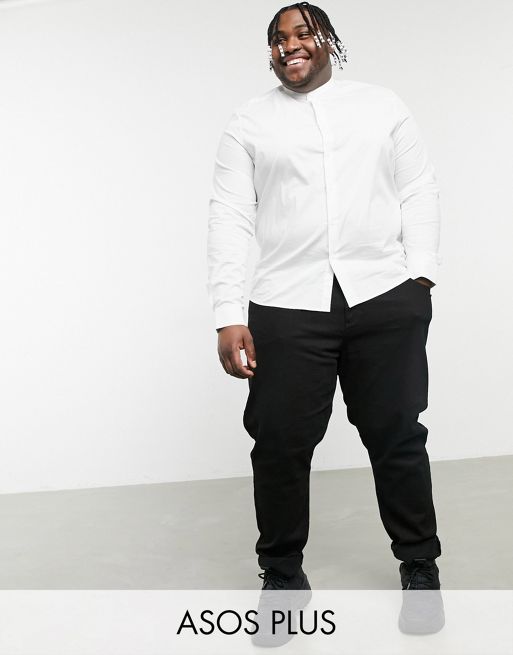 ASOS DESIGN Plus stretch regular fit shirt in white with grandad collar ...