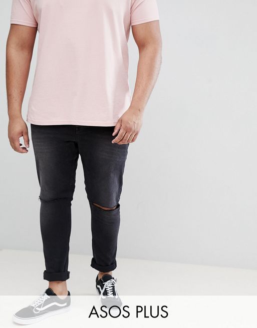Asos Design Plus Super Skinny 125oz Jeans With Knee Rips In Washed Black Asos 