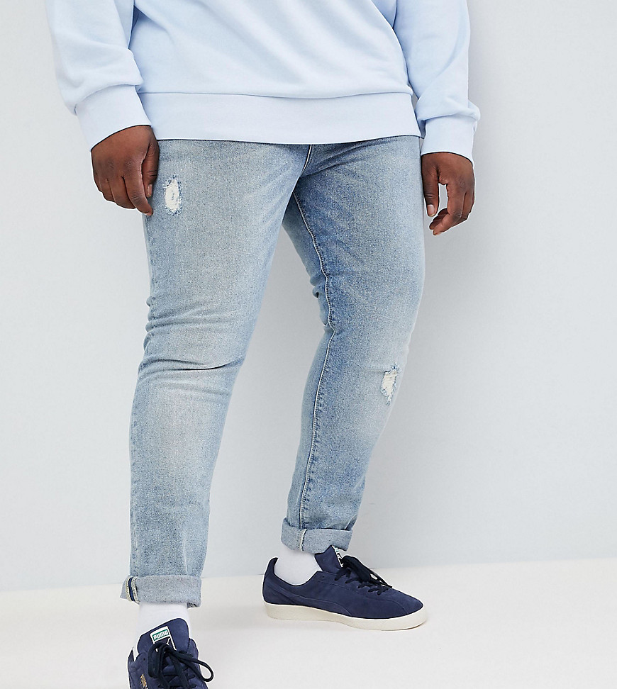 Asos Design Plus Super Skinny Jeans In Light Wash Blue With Abrasions
