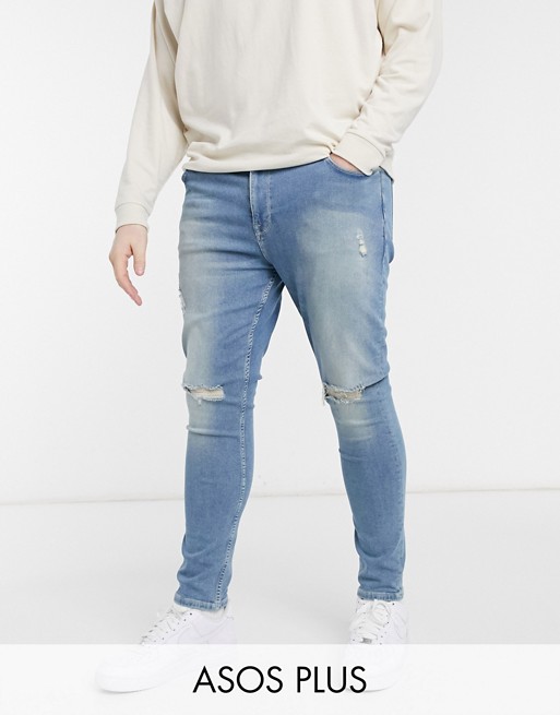 ASOS DESIGN Plus super skinny jeans in vintage light wash with knee rips