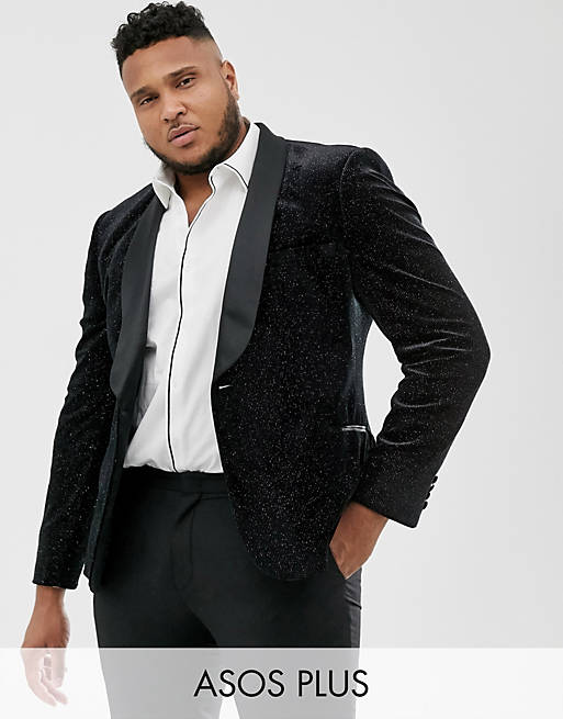 ASOS DESIGN Plus super skinny tuxedo blazer in black glitter velvet