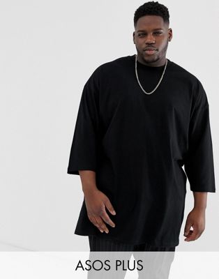 ASOS DESIGN Plus - Superlang oversized T-shirt met 3/4 mouwen in zwart