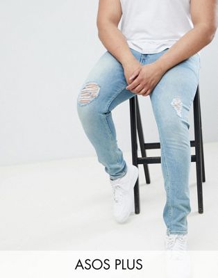 ASOS DESIGN - PLUS - Superskinny jeans in middelblauwe wassing met scheur
