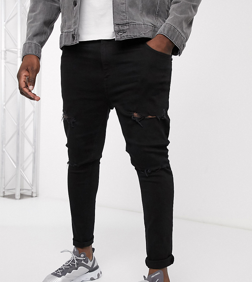 ASOS DESIGN - Plus - Superskinny jeans met stretch en scheuren in zwart