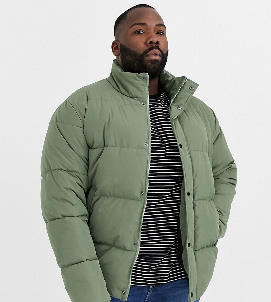 ASOS DESIGN Plus sustainable puffer jacket in khaki with funnel neck-Green