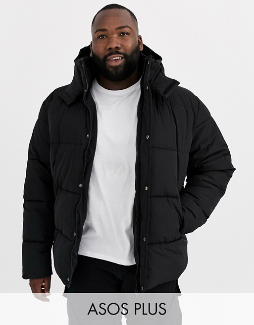 ASOS DESIGN Plus sustainable puffer jacket with hood in black