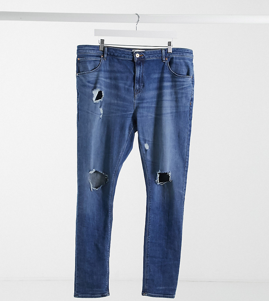 ASOS DESIGN Plus 'Responsible Edit' superskinny jeans in mid wash with knee rips-Blue
