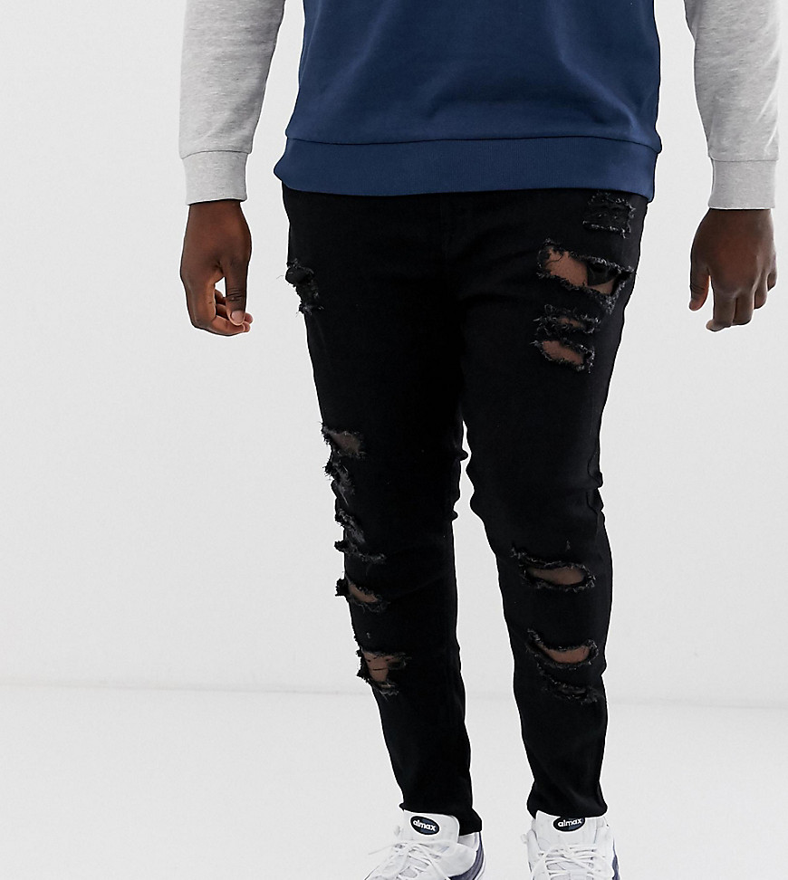 ASOS DESIGN Plus – Svarta jeans med spray on-passform och stora revor