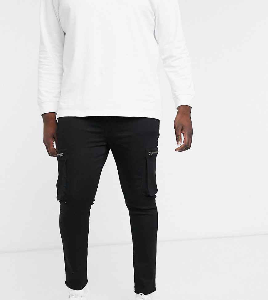 ASOS DESIGN Plus – Svarta, stretchiga jeans med cargofickor och spray on-passform