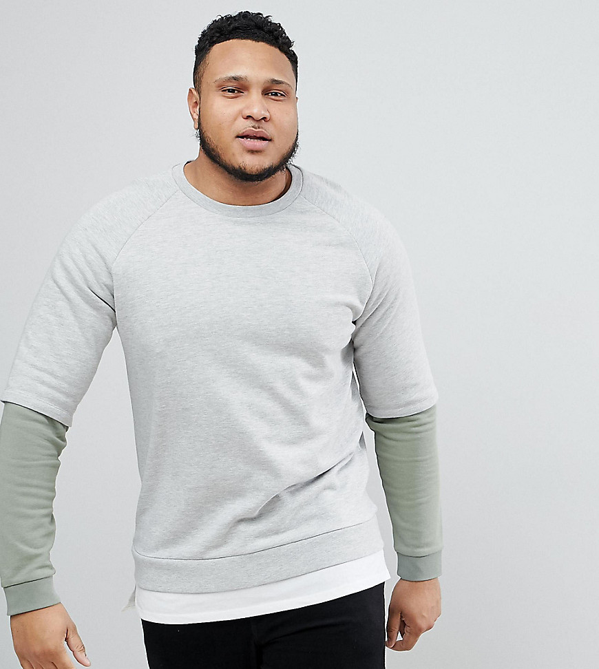 ASOS DESIGN Plus - Sweatshirt met verlengde zoom en contrasterende mouwen in grijs-Groen