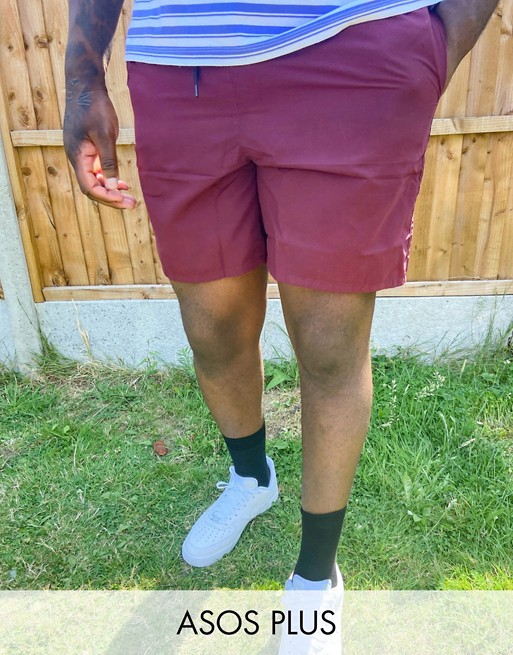 ASOS DESIGN Plus swim shorts in burgundy in mid length