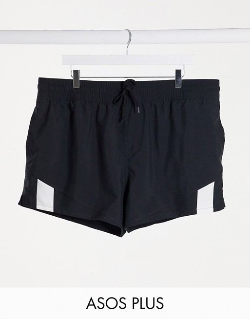 ASOS DESIGN Plus swim shorts with cut and sew in black super short length