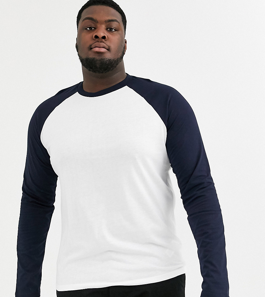 ASOS DESIGN Plus - T-shirt girocollo con maniche raglan lunghe bianco e blu navy-Multicolore