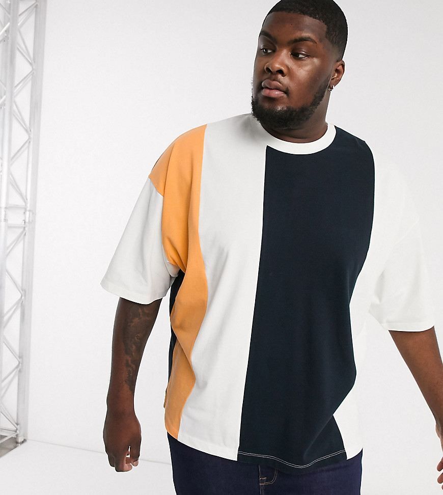 ASOS DESIGN Plus – T-shirt i oversize-modell med halvlånga ärmar och vertikala färgblock-Marinblå