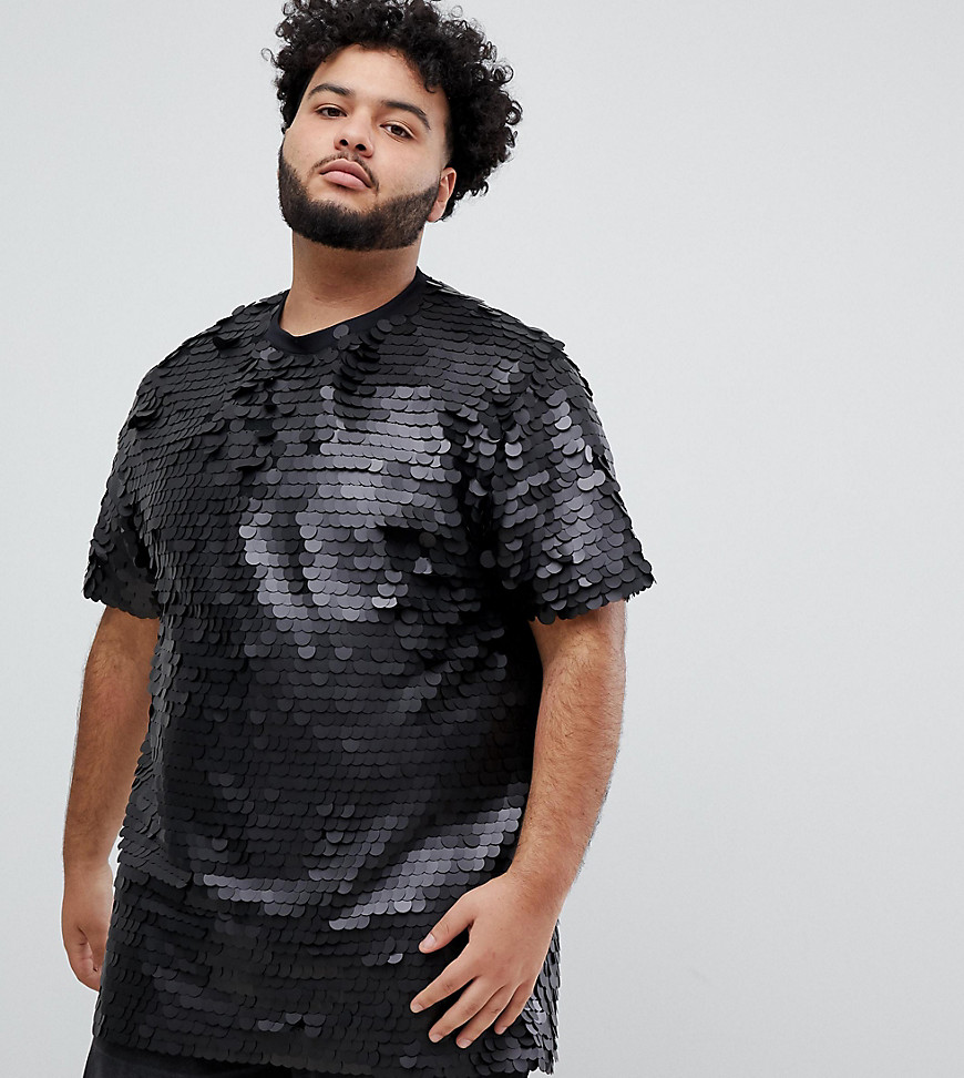 ASOS DESIGN Plus - T-shirt lunga e comoda con paillettes grandi nere-Nero