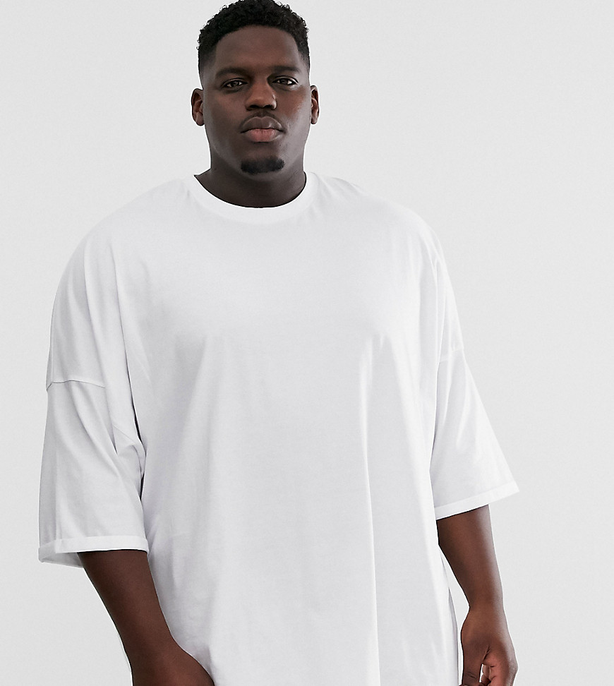 ASOS DESIGN Plus - T-shirt lunga super oversize con maniche con risvolto bianca-Bianco
