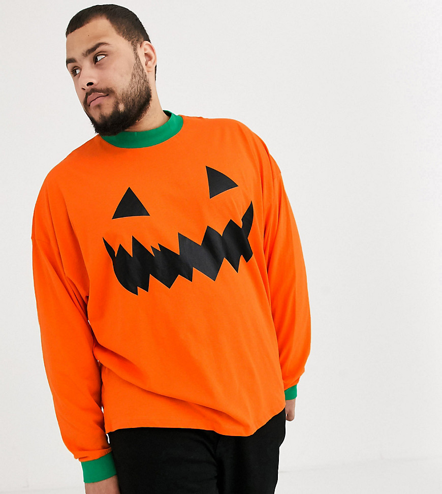 ASOS DESIGN Plus - T-shirt oversize a maniche lunghe con zucca per Halloween-Arancione
